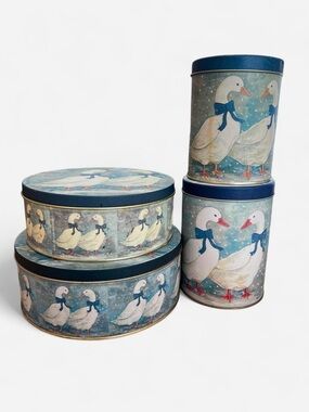 Vintage Country Geese Metal Nesting Canisters Tins Blue Bow Cottage Retro Cabin